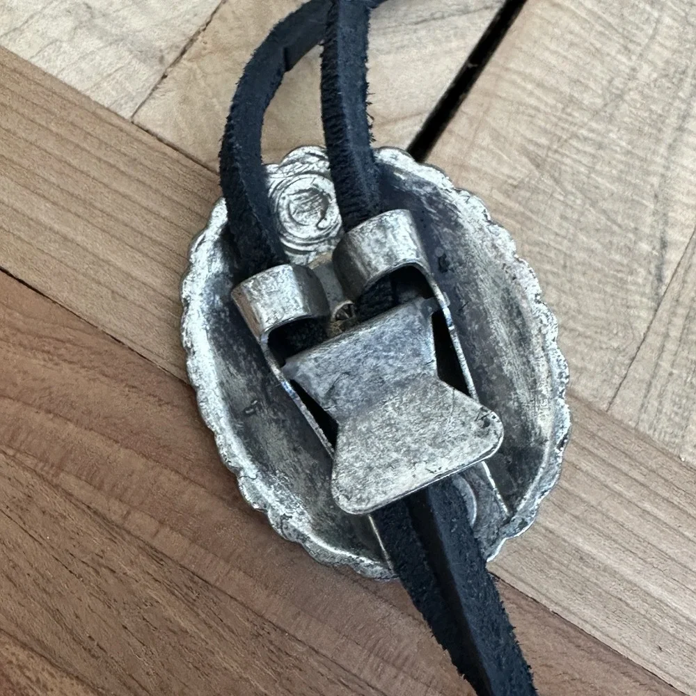 Vintage Western Bolo Tie 40 Inch Silver Plated Brass Concho Black Leather Cord